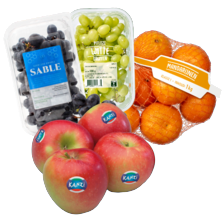 Mandarijnen net à 1 kilo,
Kanzi appels zak à 1 kilo,
witte pitloze druiven schaal à 500 gram
of Sable pitloze druiven schaal à 4